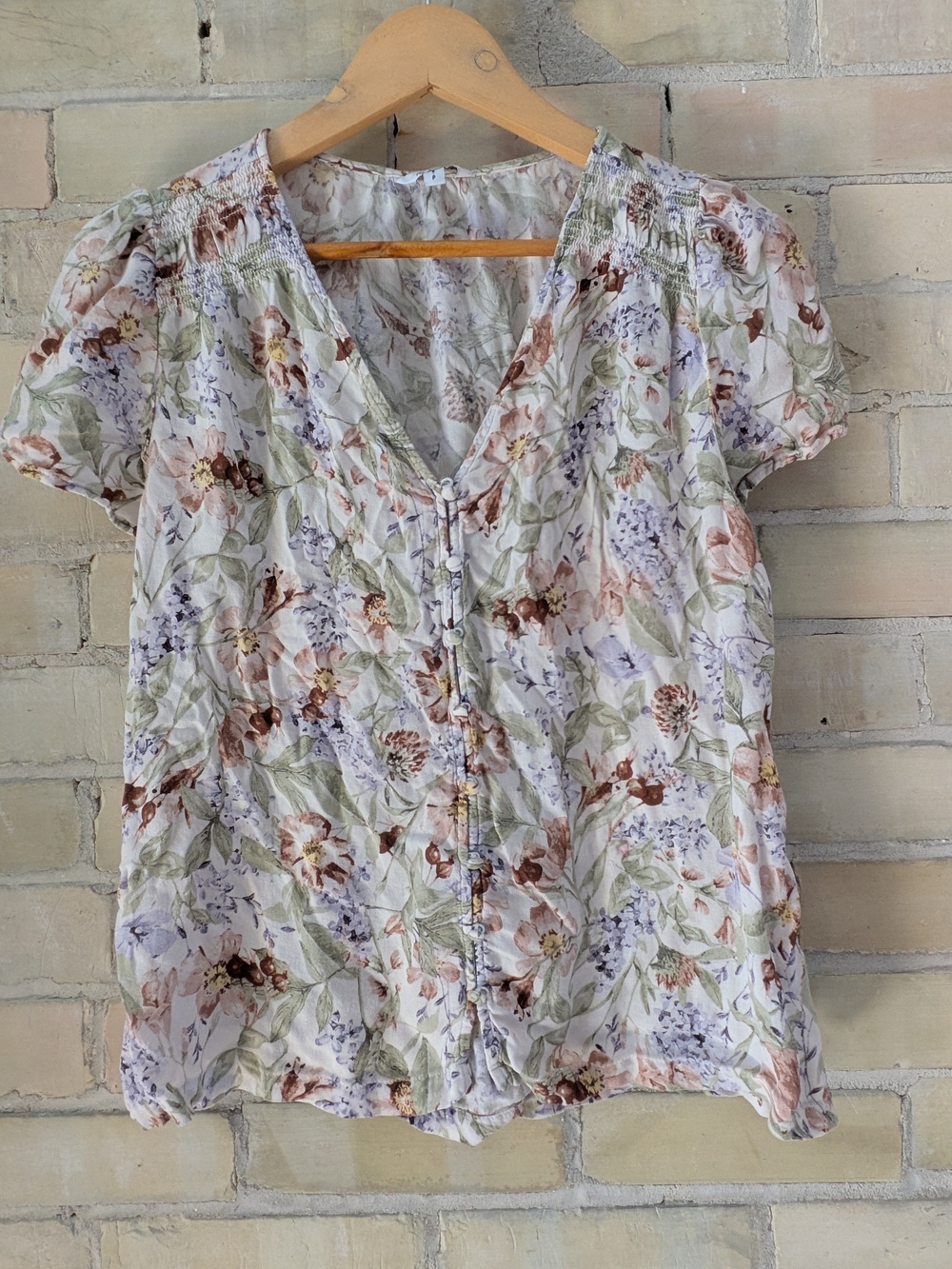 Reitmans White Floral V-Neck Button Blouse - Green, Pink, Lilac, Brown